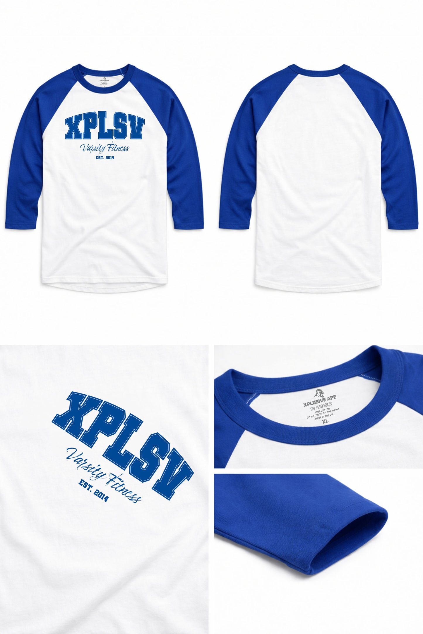 XAPE Varsity Fitness Raglan 3/4 Sleeve Tee - White/Royal Blue