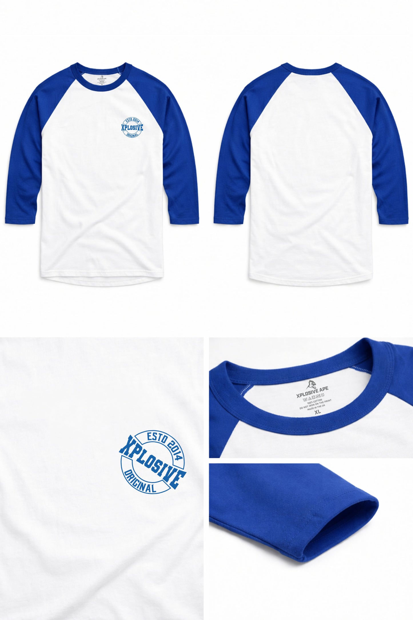 XAPE Varsity Prime Raglan 3/4 Sleeve Tee - White/Royal Blue