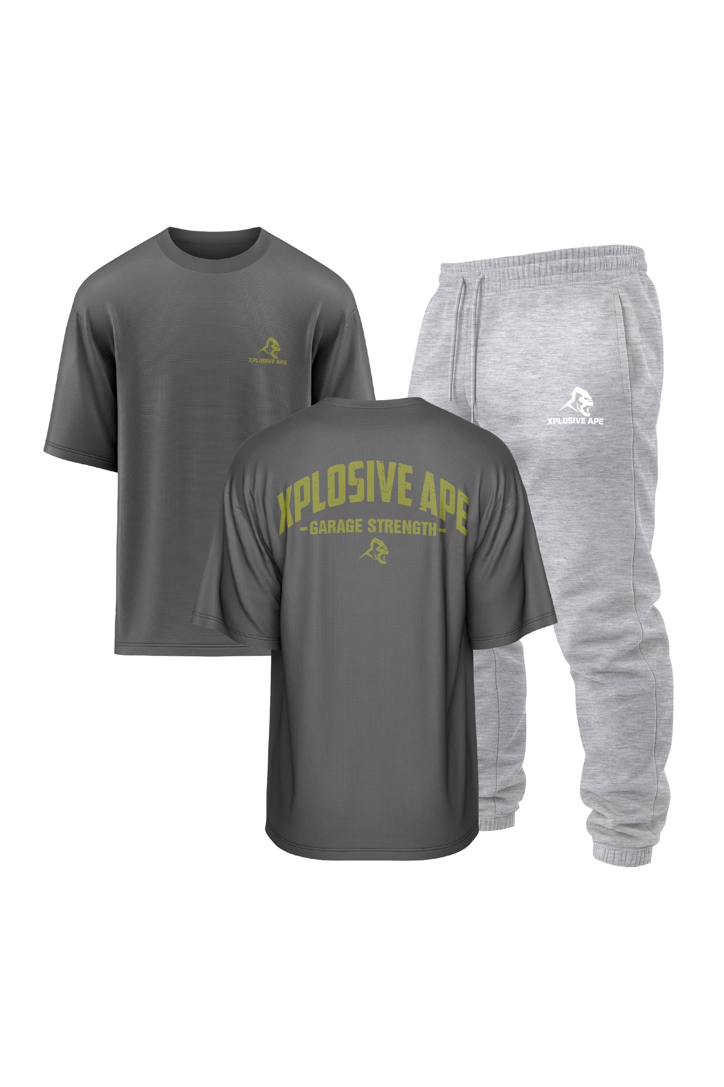 XAPE Garage Strength V2 Oversized Tee & Classic Logo Joggers Combo - Charcoal/Ash Grey