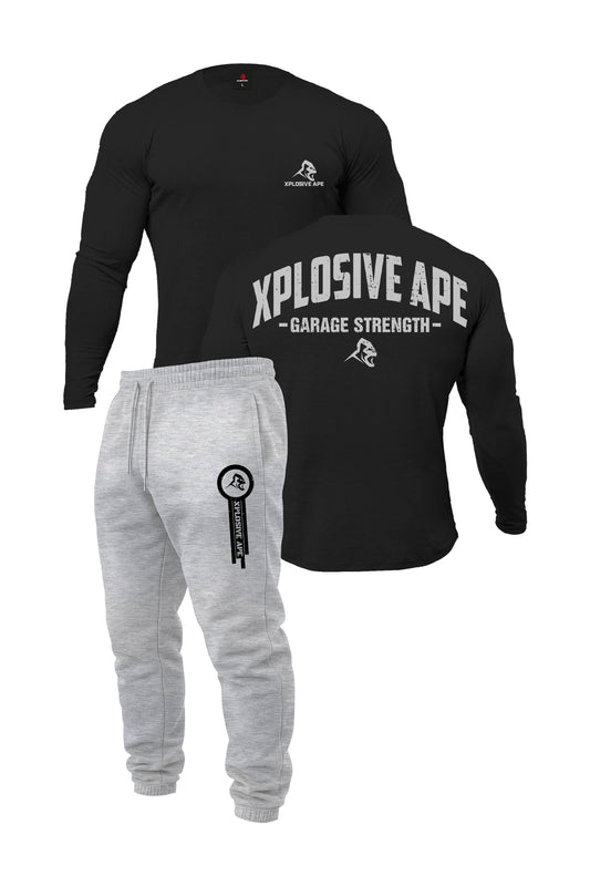 XAPE Garage Strength Long Sleeve Tee & Panelled V2 Joggers Combo - Black/Ash Grey
