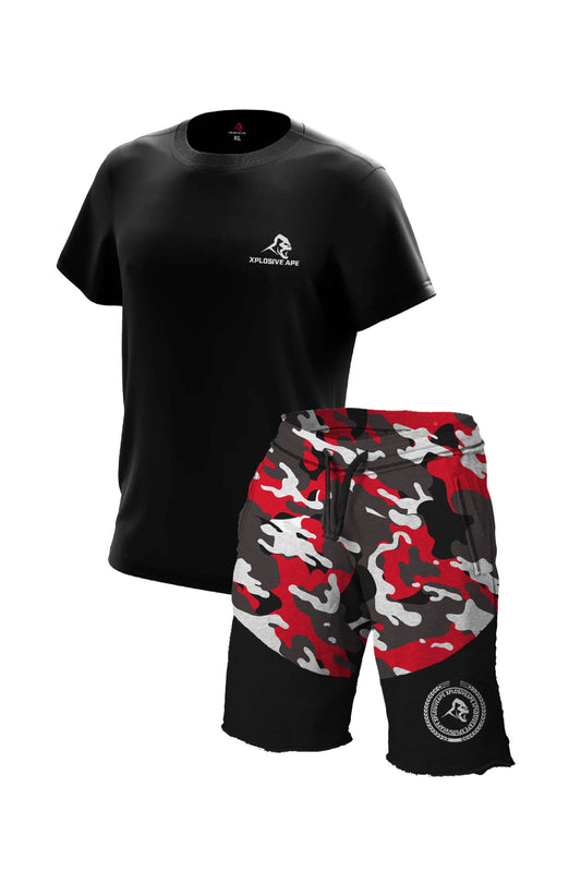 XAPE Essential Tee & Century Camo Rag Shorts Combo - Black/Red