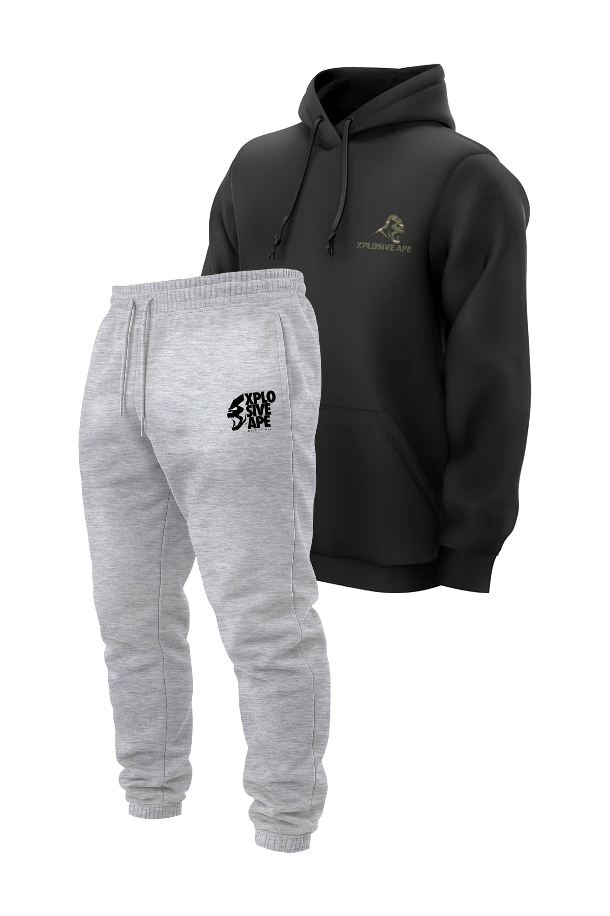 XAPE Essential Camo String Hoodie & Ultimate Ape V2 Joggers - Black/Heather Grey