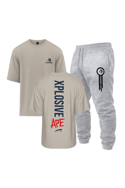 XAPE Graffiti V2 Oversized Tee & Panelled V2 Joggers Combo - Sand/Ash Grey