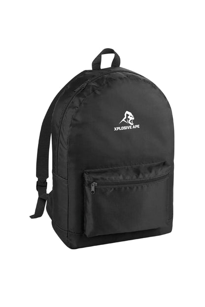 Black backpack with a logo on a white background