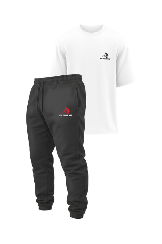 XAPE Classic Oversized Tee & Classic Joggers Combo - White/Charcoal