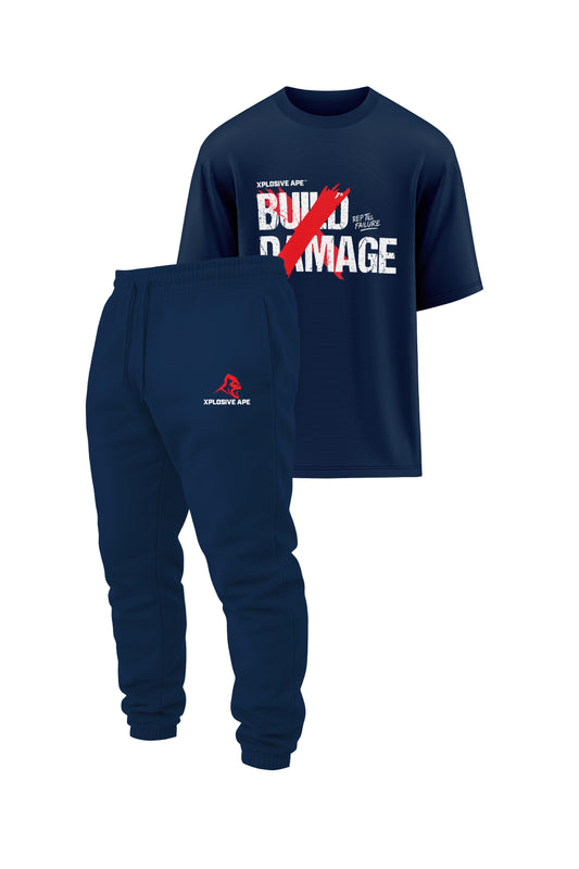XAPE Build Damage Oversized Tee & Classic Joggers Combo - Navy